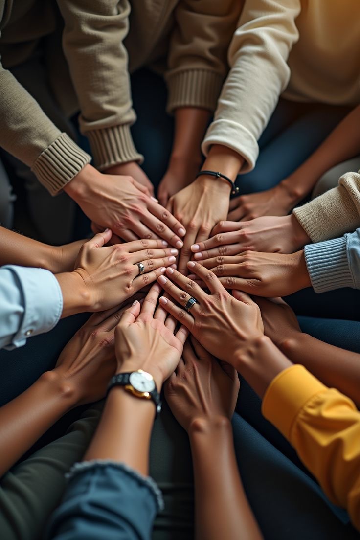 Many hands of different skin tones coming together in a circle, resting on top of one another.